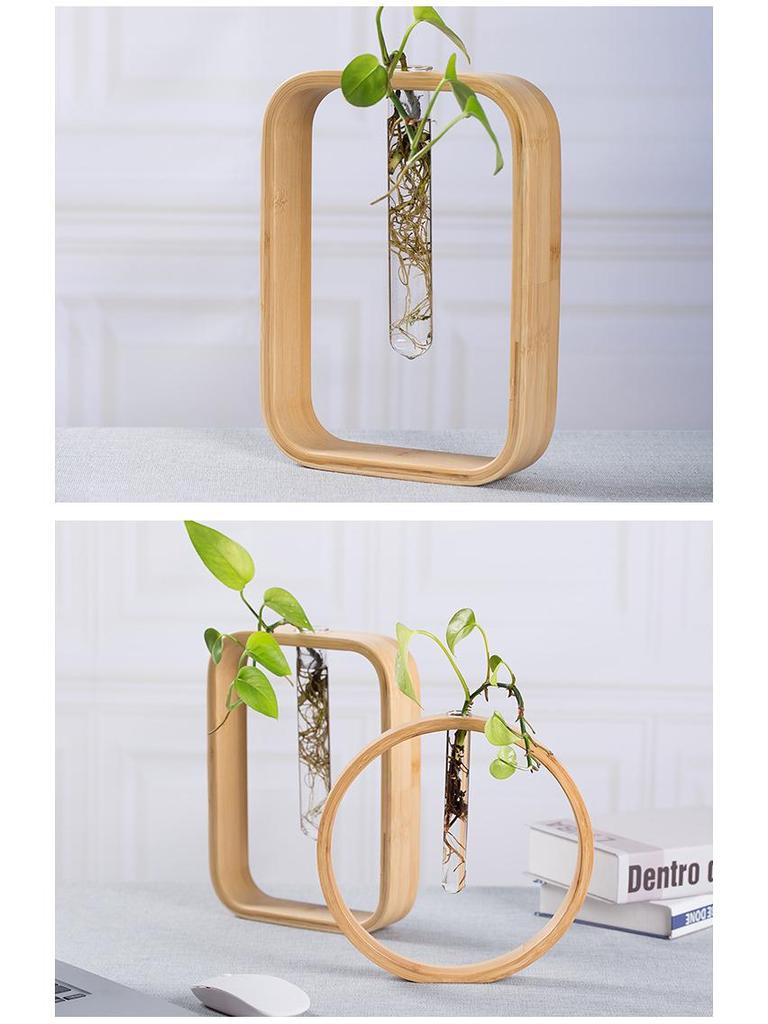 Nan Bamboo Glass Vase: Modern Minimalist Hydroponic Plant Container for Home, Office, Desk, or Wall Decor.