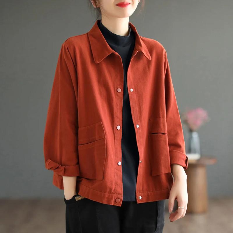 Cotton Jacket Women Autumn Short Casual Button Jacket Loose Simple Large Size Long Sleeve Tops