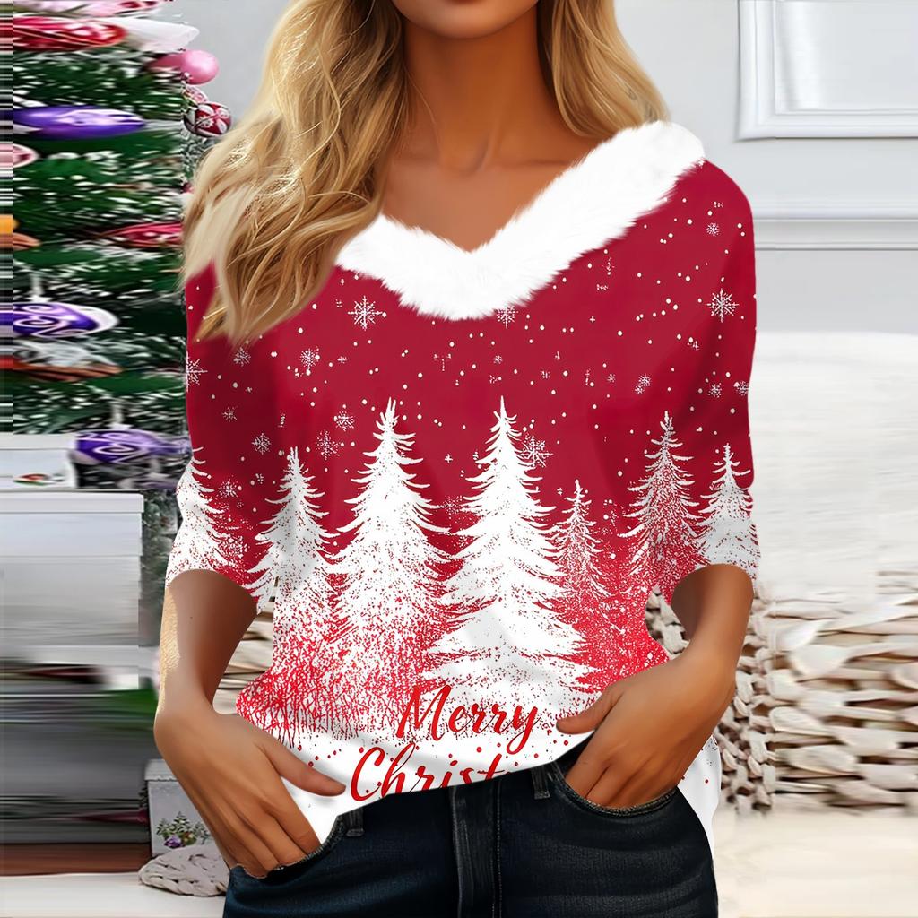 3/4 Sleeve Shirts For Women Christmas Printed Graphic Tees Blouses Casual Plus Size Basic Button Tops Pullover