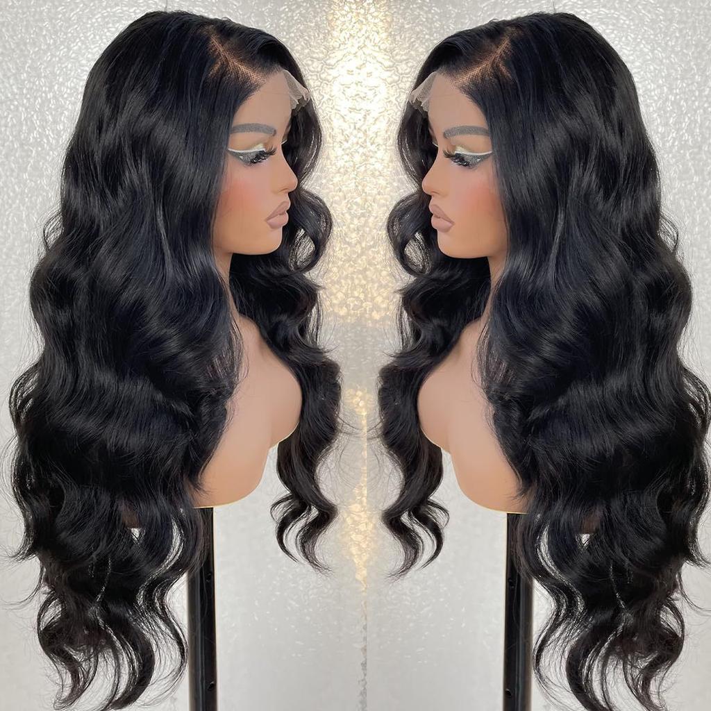 Women's front lace synthetic headband black side-parted long curly hair big waves