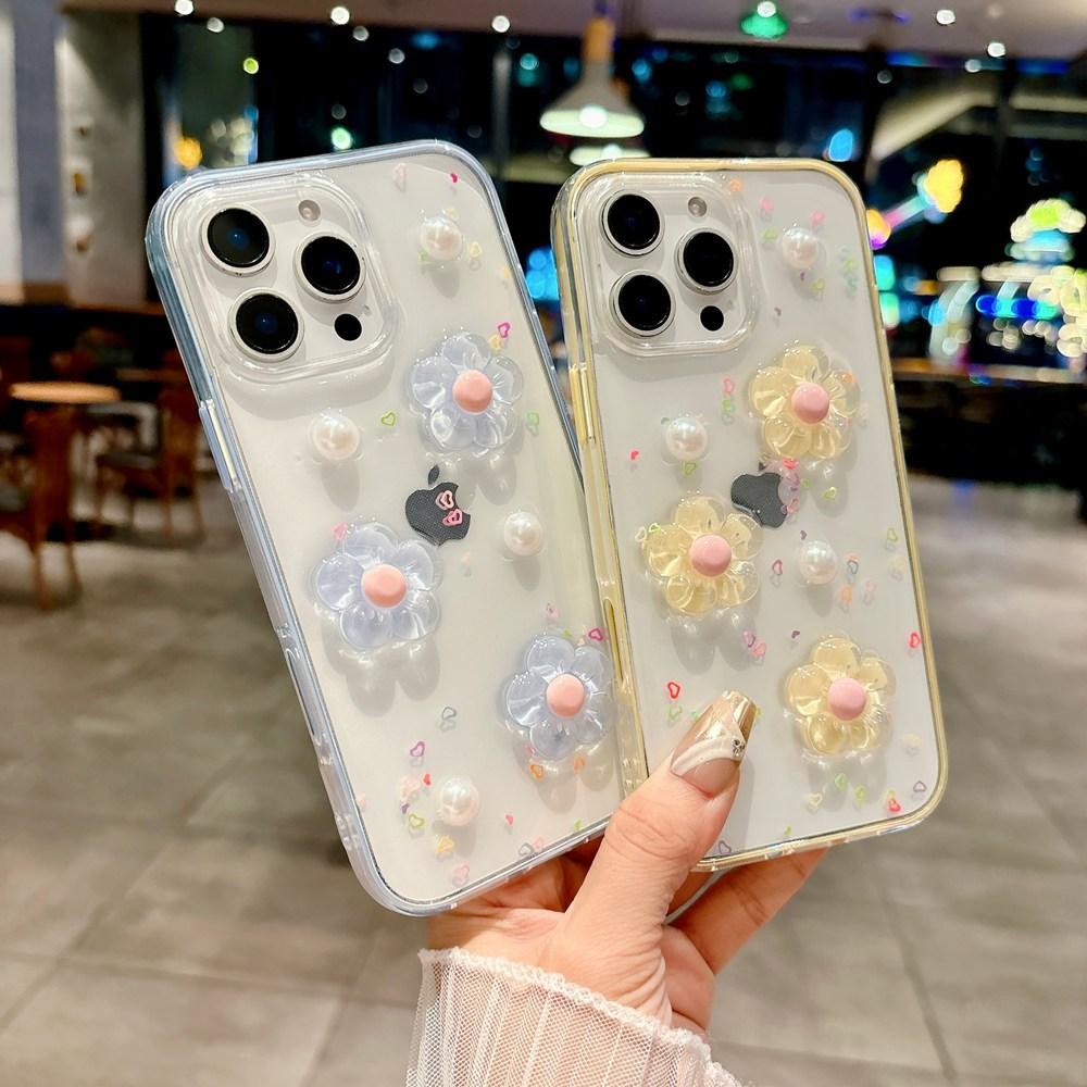INS Корея 3D Цветок 2 В 1 Прозрачный Чехол для Телефона для iPhone 17 16 12 13 14 15 Pro Max Ударопрочная Рамка Прозрачная Мягкая Крышка