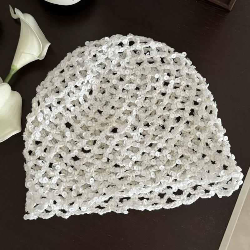 Vintage Sequined Hollow Pullover Hats Women Summer Autumn Travel Photo Atmosphere Versatile Casual Y2K Knit Beanie Hat