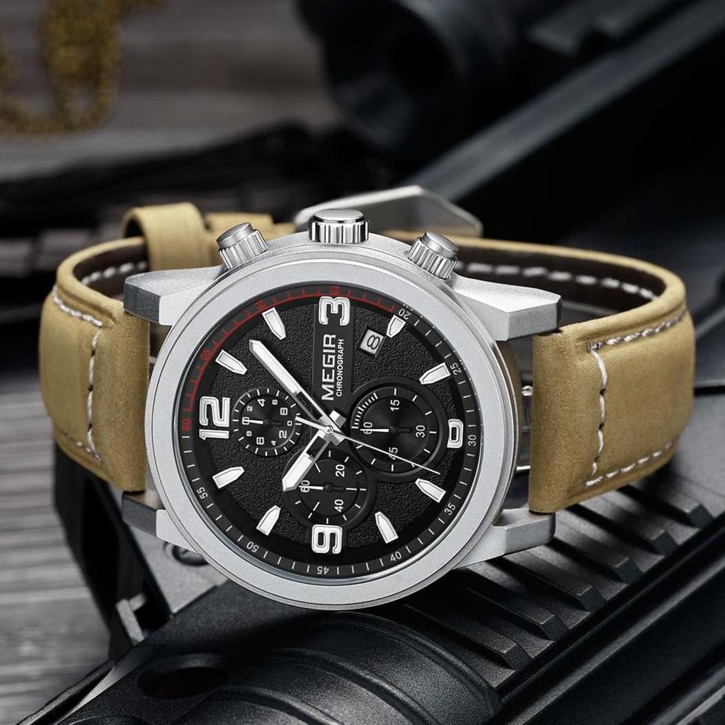 Megir Модные спортивные часы, мужские роскошные брендовые мужские кварцевые часы с хронографом, кожаный ремешок, армейские военные наручные часы 2026