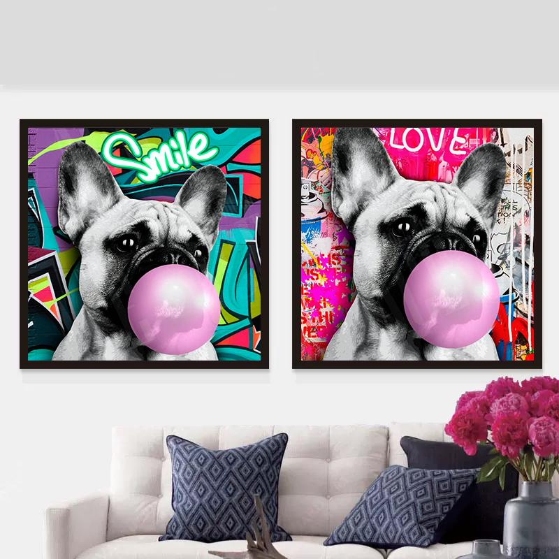 Funny French Bulldog Pink Bubble Gum Poster Canvas Painting Abstract Animal Colorful Dog Wall Art For Modern Home Kid Room Decor