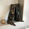 Модные блестящие кожаные сапоги с разрезом для женщин, высокие сапоги из мягкой кожи, с острым носком, с боковой молнией, на танкетке, женская обувь