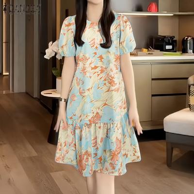 Женское летнее повседневное платье с круглым вырезом, коротким рукавом и цветочным принтом