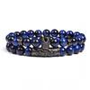 2pcs 8mm Blue Tiger Eye Micro Pave Crown Beads Stretch Bracelet Men Women
