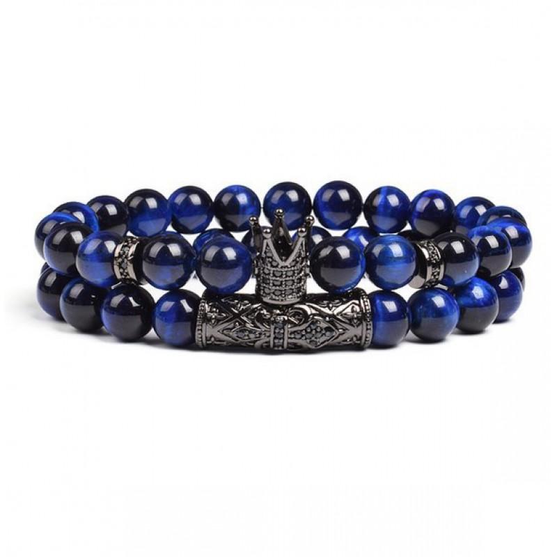 2pcs Set 8mm Blue Tiger Eye Bead Bracelet Crown Spacer Jewelry Men Women