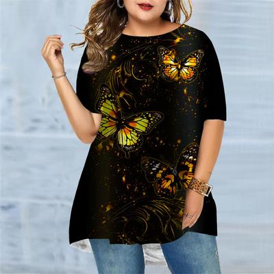 Женская летняя футболка с пятнистым принтом бабочки больших размеров, удобная футболка с короткими рукавами и круглым вырезом, повседневная мешковатая футболка средней длины