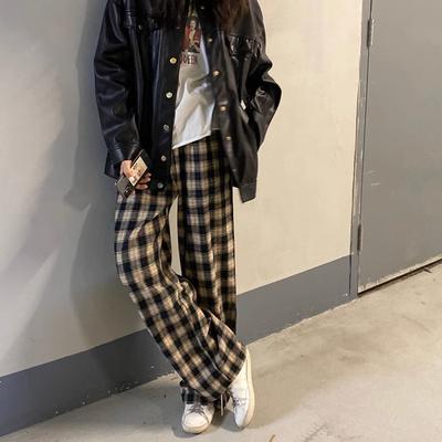 Ретро Клетчатые Тонкие Женские Брюки Большого Размера Новые Простые Брюки с Высокой Посадкой и Широкими Штанинами для Женщин