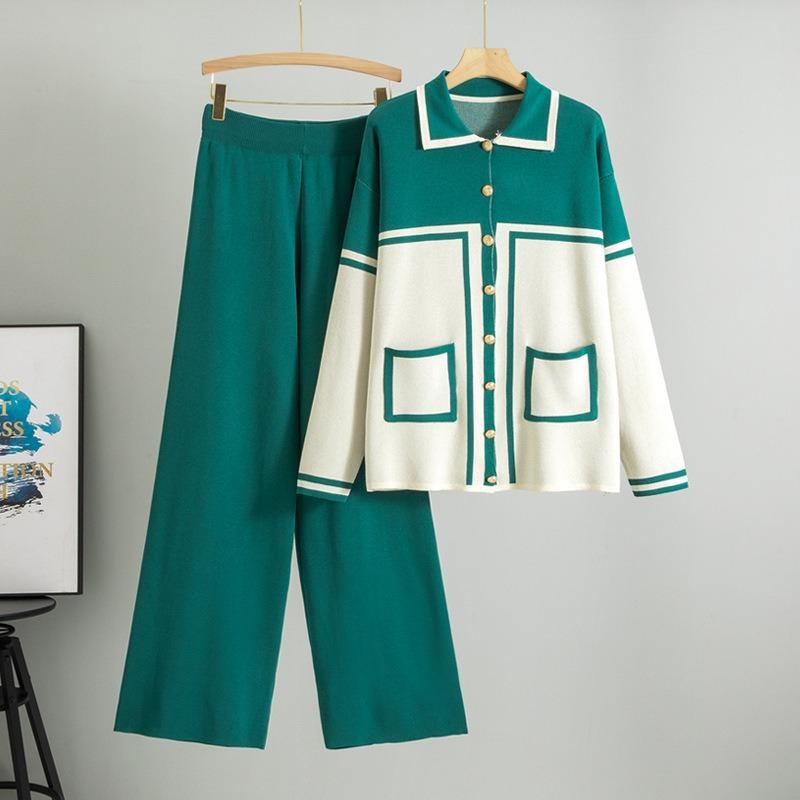 Плюс размер женский весенний новый лацкан цветной контрастный модный повседневный свободный вязаный кардиган из двух частей комплект