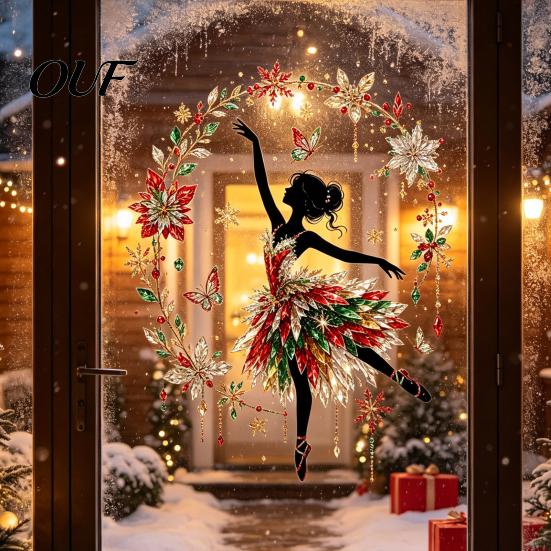 Durable PVC Wall Art Christmas Ballet Girl Static Window Clings, Removable Xmas Glass Decals, Winter Classroom Decals Ballerina Elf Stickers for Home