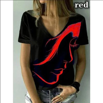 Летняя женская футболка с коротким рукавом и V-образным вырезом, с абстрактным портретом, повседневная свободная женская футболка в уличном стиле