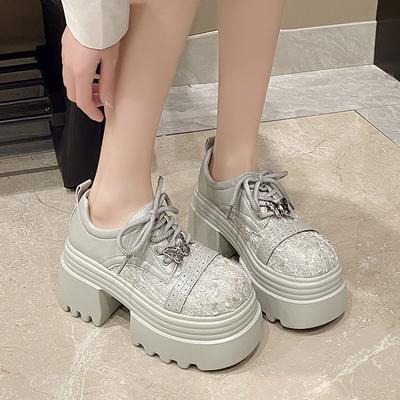 Мода 9,5 см Весна Женские Блестящие Туфли на Высоком Каблуке Новинка 2025 Платформа Повседневная Обувь для Ходьбы Нескользящие Танкетки Кожаные Массивные Кроссовки На Шнуровке Туфли