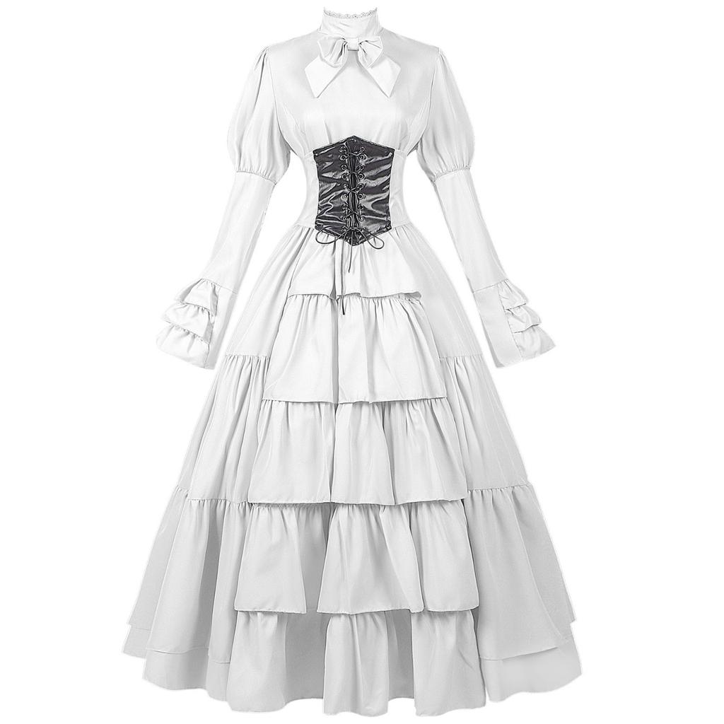 Women Halloween Medieval Dress Traditional Renaissance Gothic Corset Dress Long Sleeve Ruffle Long Dress Cosplay Costume Vestido