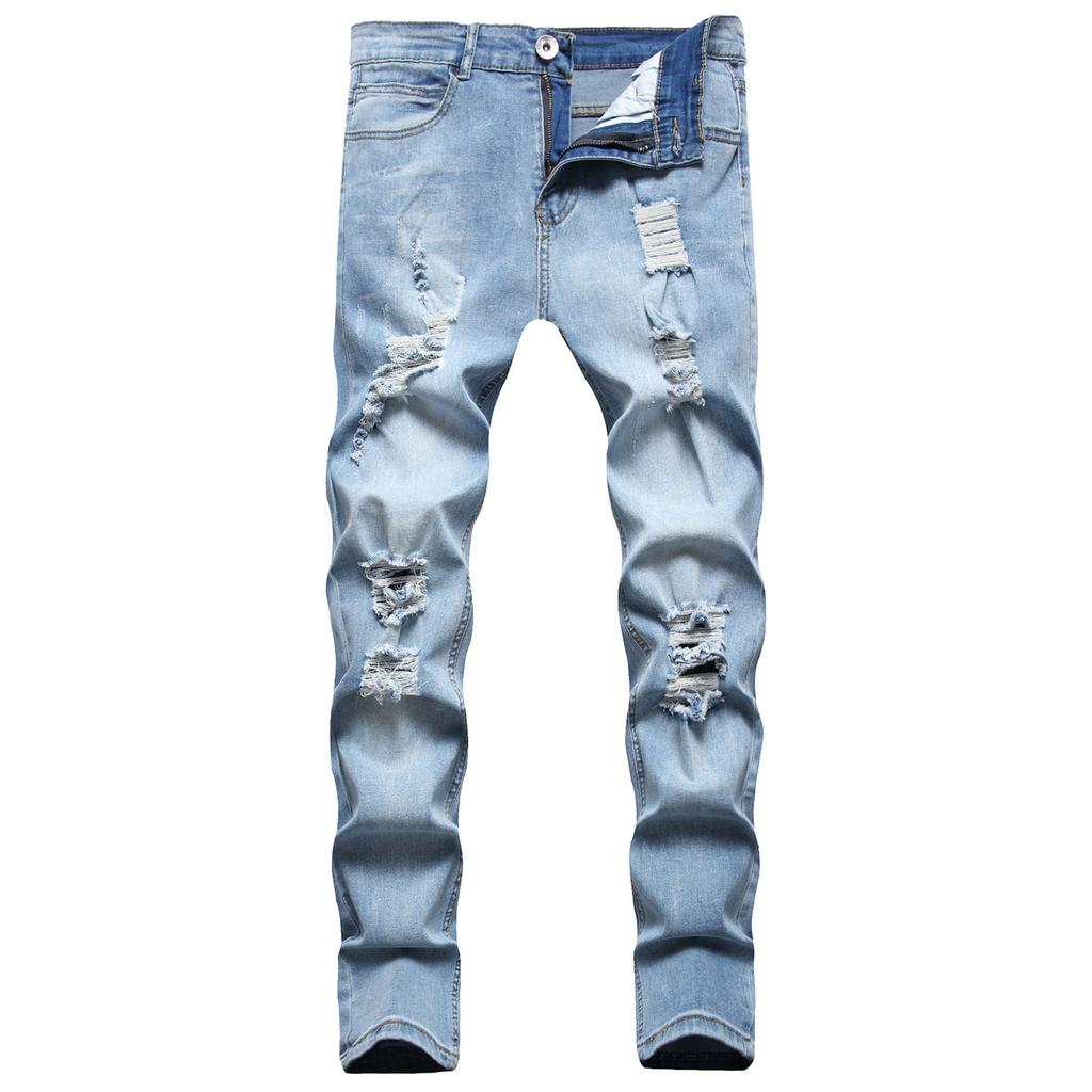 Men Jeans Solid Color Ripped Holes Frayed Gradient Washed Trousers