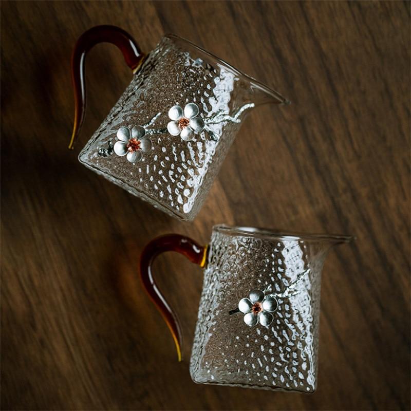 Термостойкий стеклянный чайник с ручкой и 3D чашка с цветком сливы, прозрачная посуда для напитков с узором молотка