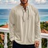 Men's Drawstring Long Sleeve T-shirt Lightweight Breathable V-neck Tops Solid Color Beach Style Summer Spring Casual Male Top