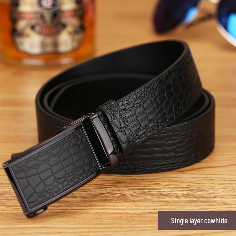 Men's Crocodile Pattern Leather Automatic Belt - Top Grain Cowhide, High-End Design, Genuine Craftsmanship.