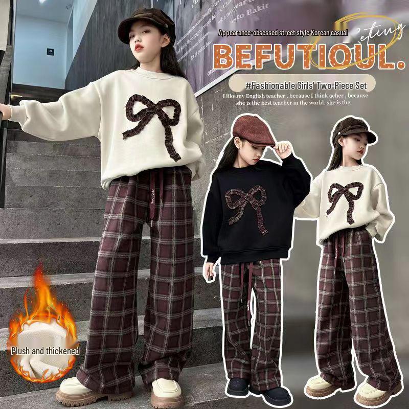 Модный клетчатый брючный костюм для девочек и толстовка с бантом - Осень/Зима 2025