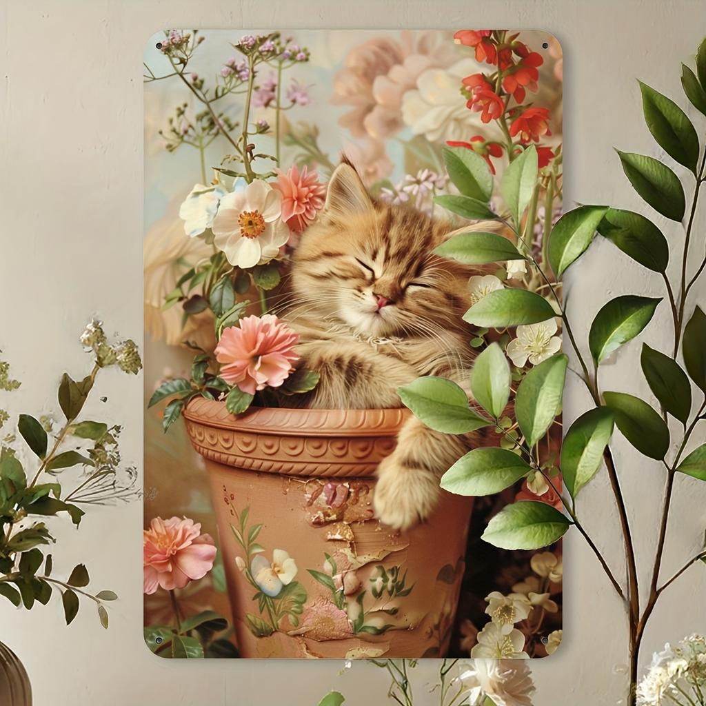 Vintage Cat Planter Metal Sign Rustic Iron Wall Art for Home Bar Cafe Gym Garden IndoorOutdoor Decor