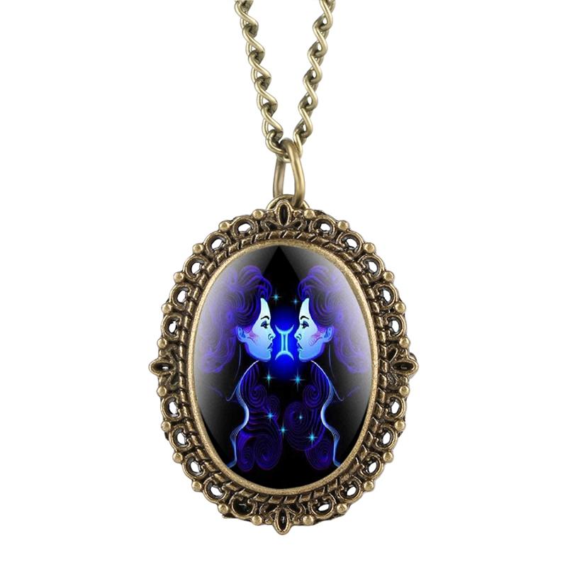 New 12 Constellation Astrology Oval Pocket Watch Unique Fluorescent Blue Zodiac Necklace Pendant Quartz Birthday Gift for Friend
