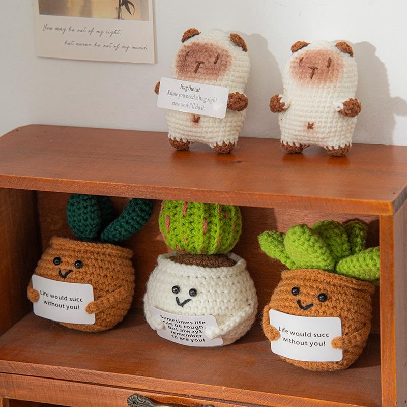 Handmade Crochet Miniature Potted Ornaments Positive Energy Card Wovening Emotional Support Plants Ornament Car Decorations