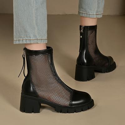 Женские сетчатые ботильоны на высоком каблуке, повседневные осенние сапоги в стиле вестерн, ковбойские сапоги до середины икры, короткие казачьи сапоги на высоком каблуке, полые сапоги