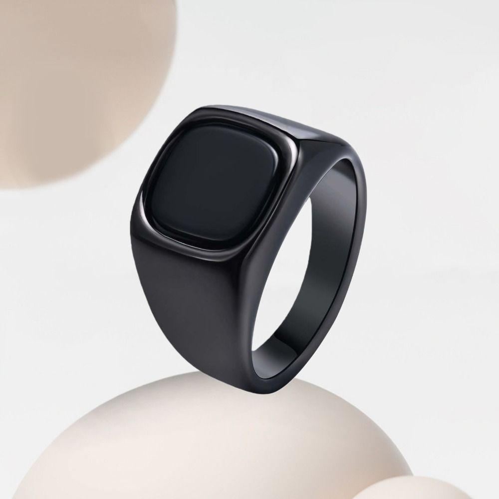 Square Retro Black Rings Jewelry Glass Stone Rings Simple Black Stone Square Ring Funerals