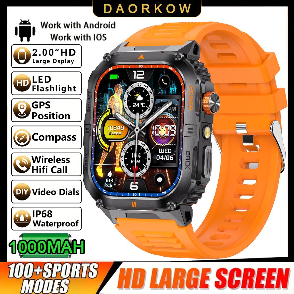 Смарт-часы для взрослых мужчин с аккумулятором сверхемкости 1000 мАч, большим 2,0-дюймовым экраном, Bluetooth-звонками, водозащитой IP68, спортивные SmartWatch
