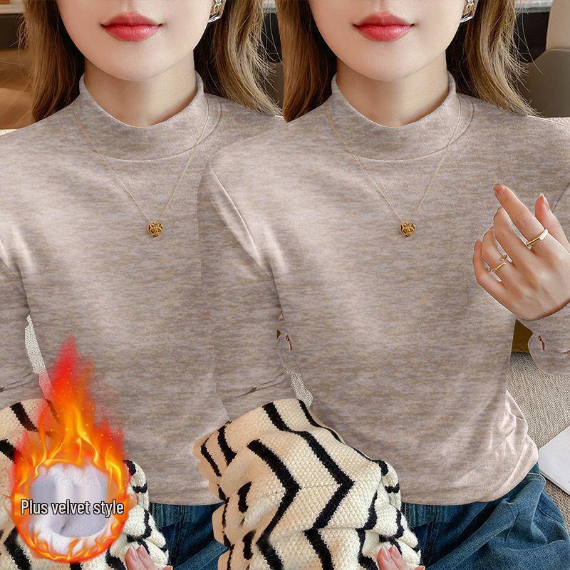 Осень 2025 Большой размер Приталенный Топ-база с длинным рукавом Свободный для женщин с воротником-стойкой