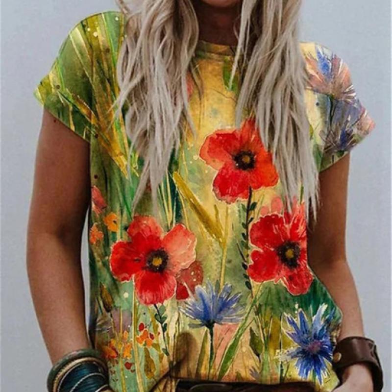 2023 New Women's Summer Short Sleeve T-shirt 3D Floral Print Round Neck Loose Casual Style T-shirt
