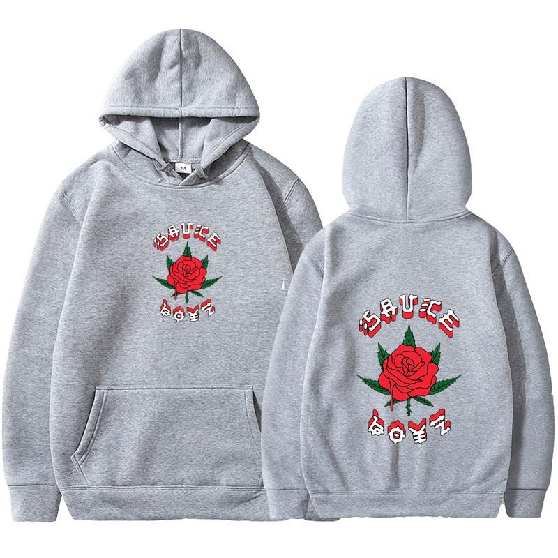 New Rapper Rose Print Trend Hoodie Korean Version Loose Casual Hooded Sweater Men