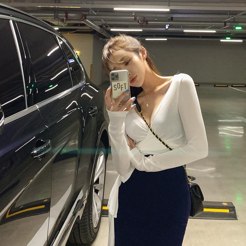 В наличии: Женская сексуальная футболка с низким вырезом, шнуровкой, подчеркивающая талию, с длинным рукавом для лета - в корейском стиле Дондэмун