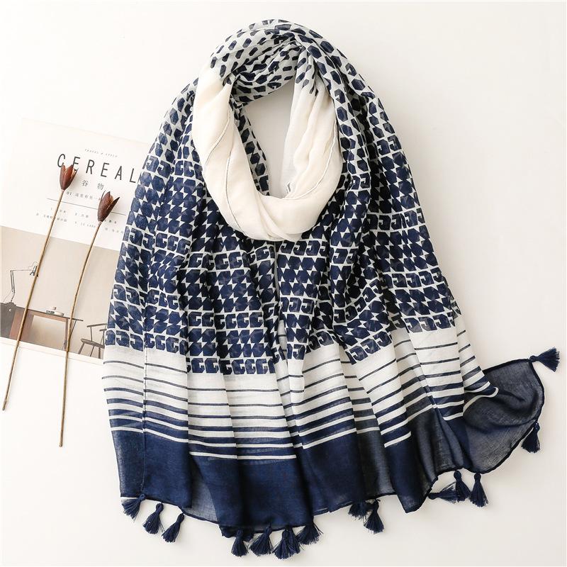 Spring Autumn Fashion Luxury Brand Navy Blue Dot Viscose Shawl Scarf Women High Quality Print Hijabs and Wraps Muslim Sjaal