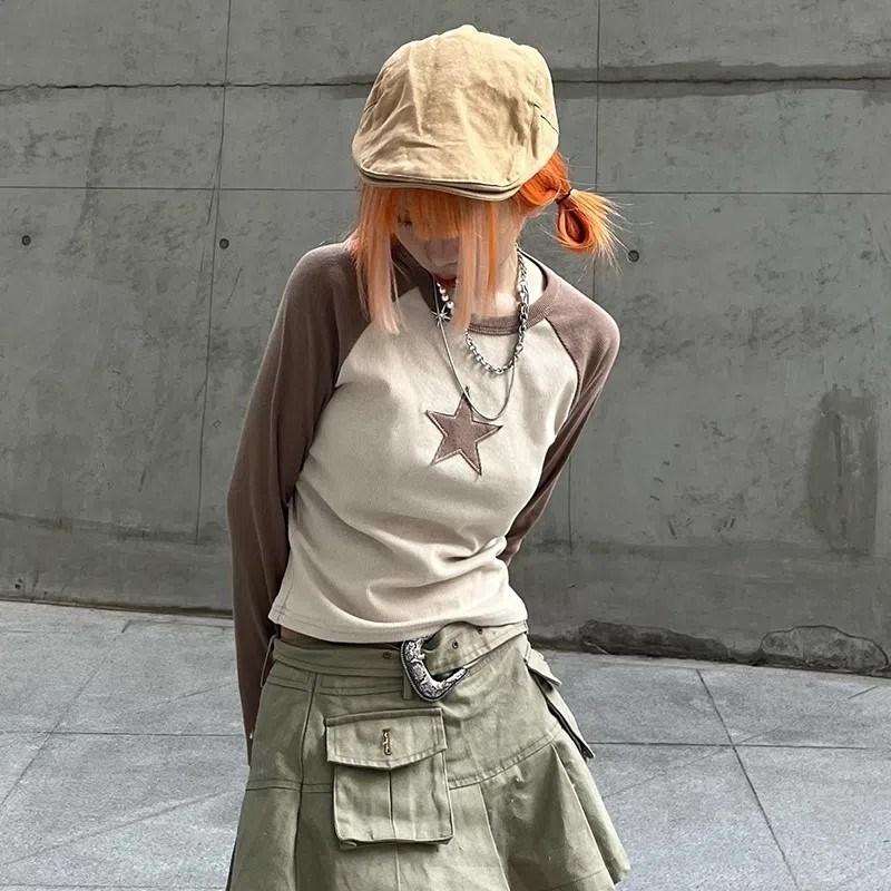 Y2K звезда наклейка уличная пикантная девушка личность топ контрастный цвет круглый вырез с длинными рукавами женская футболка