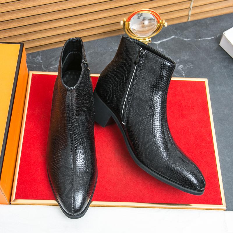 Весенние ботинки-казаки до щиколотки из змеиной кожи с принтом для мужчин, для шоу, вечеринок, мотоциклетные, короткие, увеличивающие рост, платья, социальные сапатос