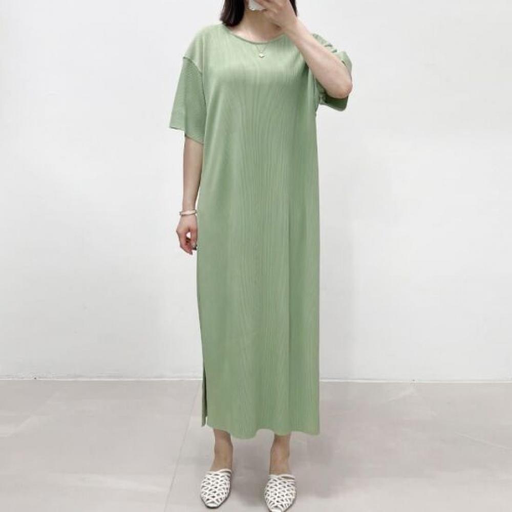 Mizqz Women Summer Pastel Ribbed Pleated Short Sleeve Long Dress Side Slit
