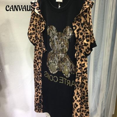 Плюс Размер Женское Летнее Горячее Дрель Леопардовый Принт Деревянный Ухо Край Медведь Короткие Рукава Средней Длины Платье