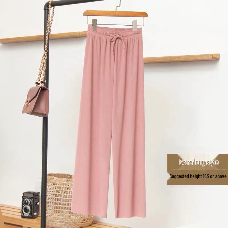 Женские брюки с высокой талией и широкими штанинами из ледяного шелка на весну/лето - Свободные, стройнящие, длиной до пола.