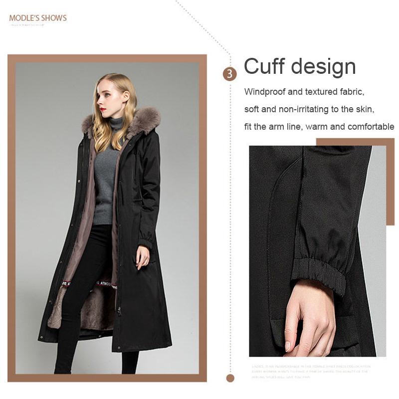 Pie Overcome Women's Knee Length Rex Rabbit Fur Liner Detachable Imitation Fox Fur Collar Lengthening and Thickening Faux Fur Coats for Women