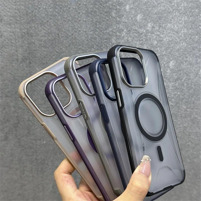 Матовый магнитный чехол для телефона с беспроводной зарядкой для iPhone 16 Plus 15 Pro Max с металлической защитой линз PU+TPU противоударный чехол