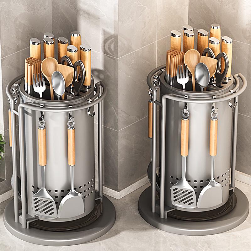 Rotating Kitchen Knife and Utensil Organizer with Drain Tray