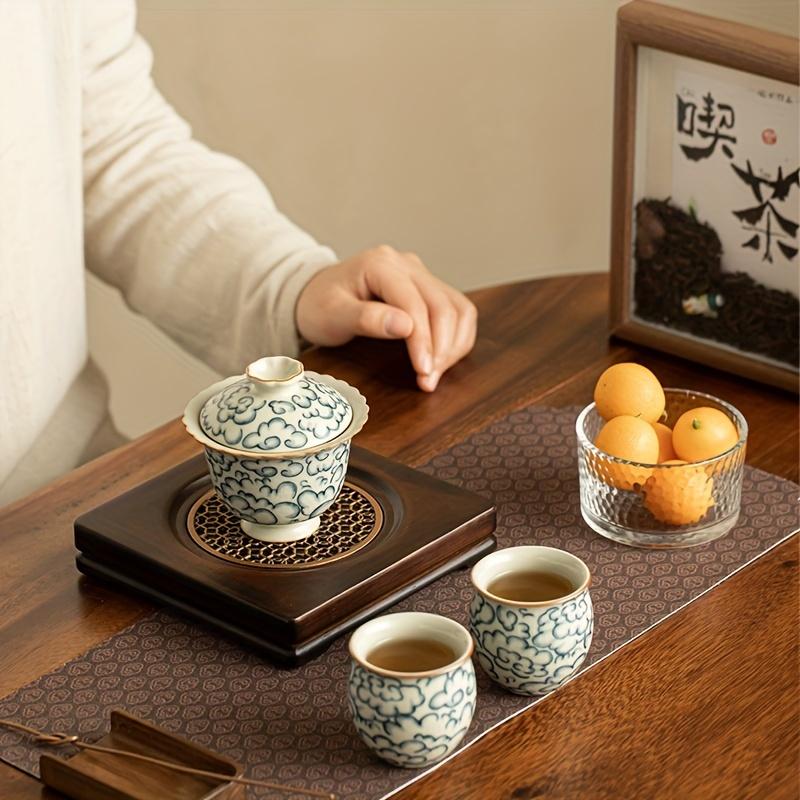 1set Rustic Ru Kiln Porcelain Tea Set Vintage Blue And White Floral Design Chinese Kung Fu Tea Ceremony Ceramic Teapot With Lid And Two Cups For Home