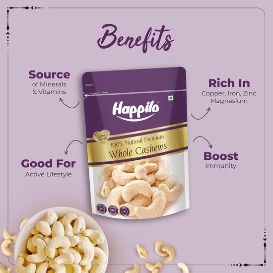 Happilo 100% Natural Premium Whole Cashews 1 Kg Value Pack| Whole Crunchy Cashew | Premium Kaju Nuts Dry Fruit | Nutritious & Delicious | Gluten Free