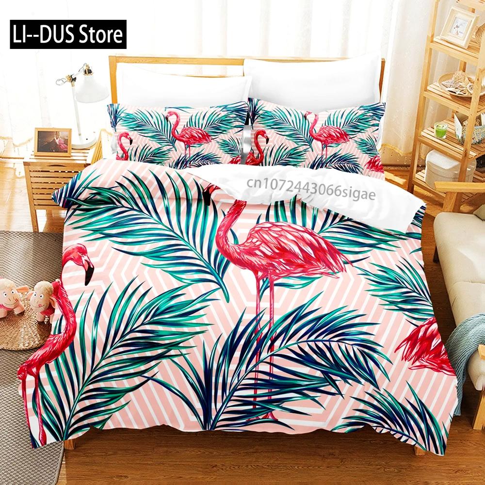 Pink Flamingo Duvet Cover Green Leaves Floral Animal Print Bedding Set For Kids Girls Tropical Pattern Design Bedroom Decor