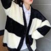 Retro Lazy Wind Striped Sweater Jacket Women's Fall Faux Mink Knitted Cardigan Female Comfortable Versatile and Fashionable