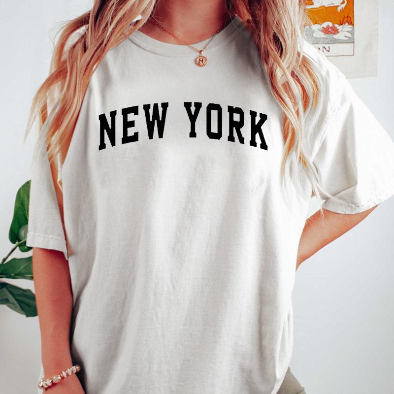 NEW YORK LOS ANGELES Повседневный универсальный свободный топ из хлопка с круглым вырезом и короткими рукавами