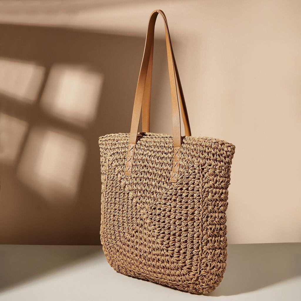 Vintage Straw Woven Shoulder Shopping Bag Casual Women Summer Large Capacity Beach Totes