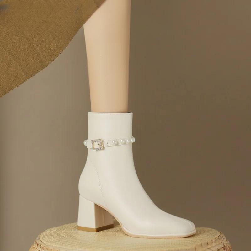 Autumn and Winter New Styles Fashion High Heels Women's Boots Sweet Pearl Square Head Zipper Square Heel Women Boots High